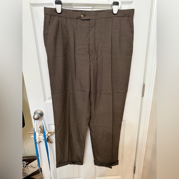 Sansabelt Men's Brown Microplaid 42x32 Pleated Front Houndstooth Dress Pants VTG - Picture 1 of 4